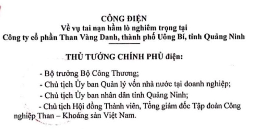 Thủ tướng chỉ đạo khẩn vụ tai nạn lao động xảy ra tại Công ty Than Vàng Danh