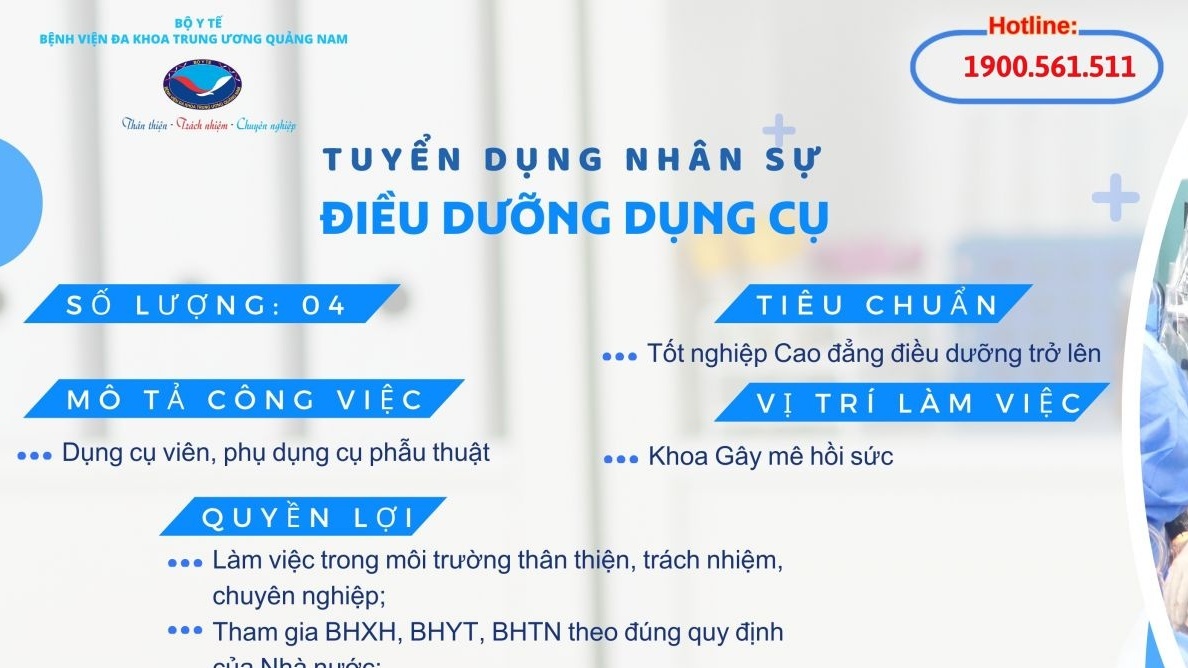 Bệnh viện Đa khoa Trung ương Quảng Nam tuyển dụng nhiều Điều dưỡng dụng cụ