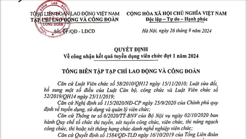 Tạp chí Lao động và Công đoàn công bố kết quả tuyển dụng viên chức đợt 1 năm 2024