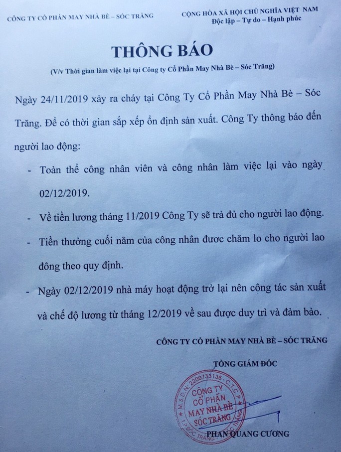 cam ket ngay cong nhan co the di lam tro lai cong ty may nha be soc trang sau vu chay