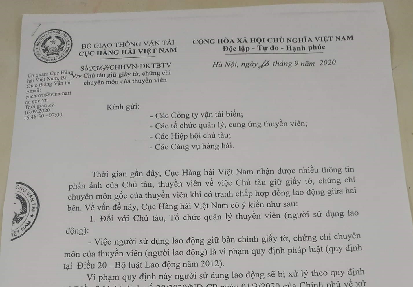 Chủ tàu giữ bản gốc giấy tờ của thuyền viên là vi phạm pháp luật lao động