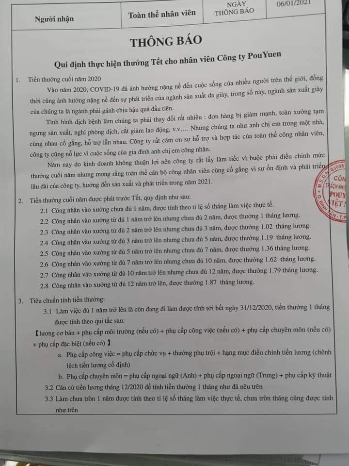 Công ty PouYuen Việt Nam có thưởng Tết là một thông tin quá tốt trong thời điểm này!